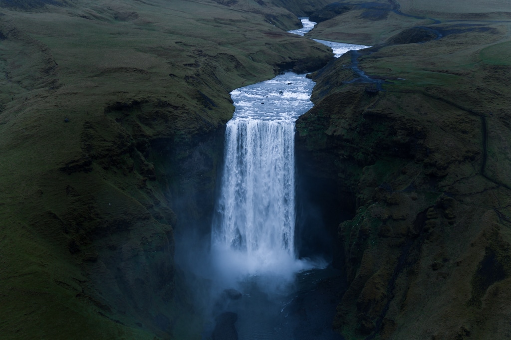 Aerial Drone view of massive waterfall Iceland